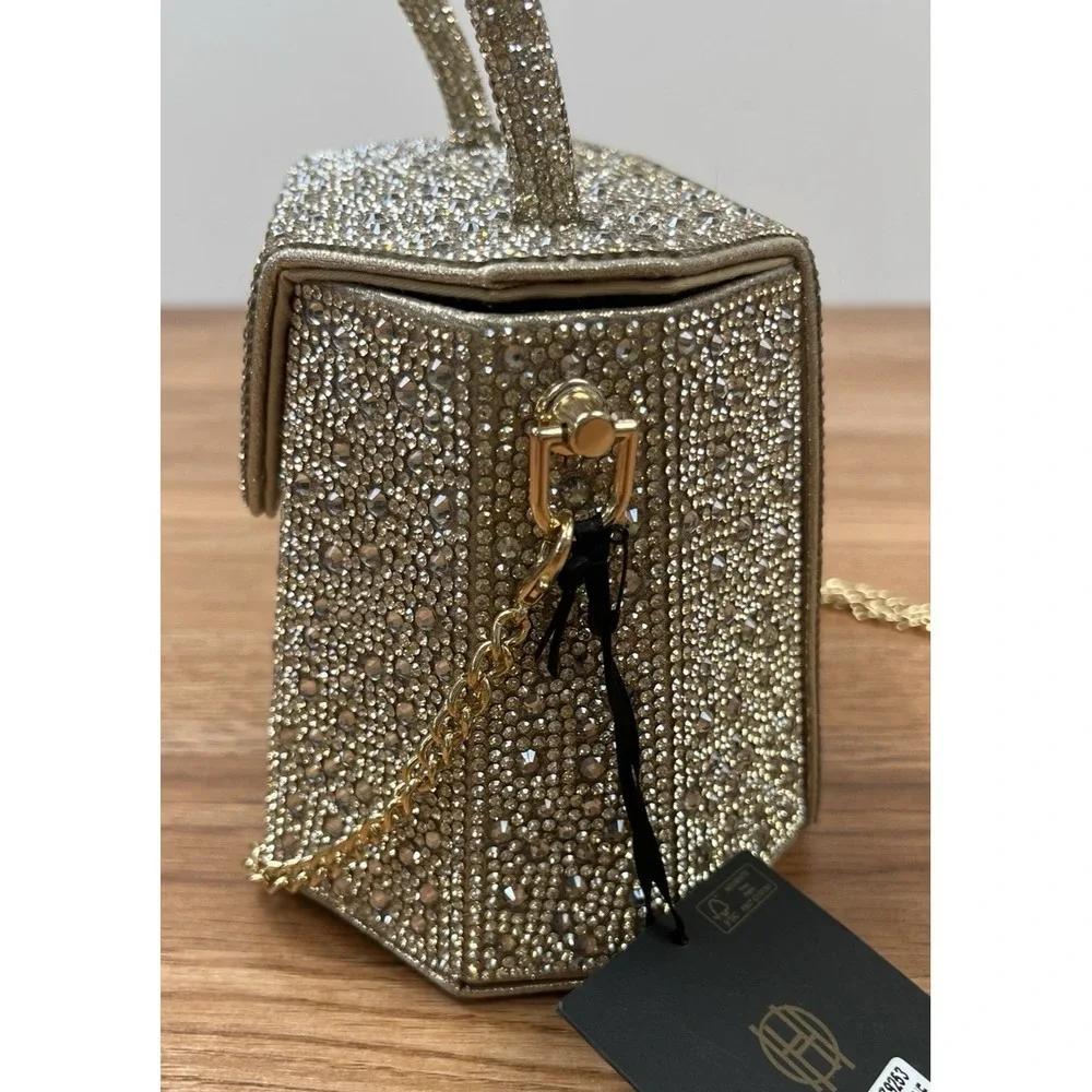 House of Harlow 1960 Champagne Rhinestone Evening Bag, Removable Strap NEW